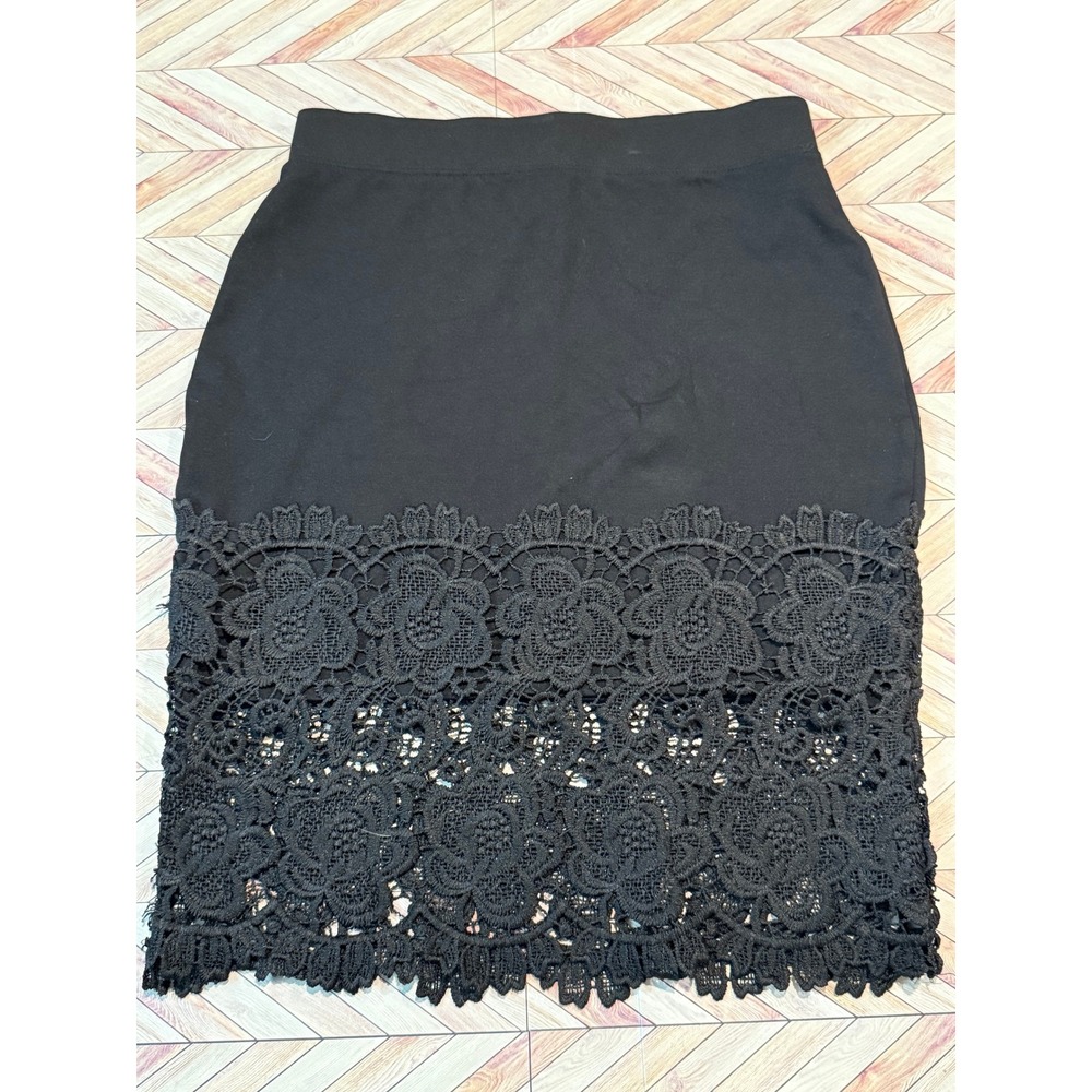 Haute Monde Black Lace Trim Pencil Skirt Midi Women's Size M